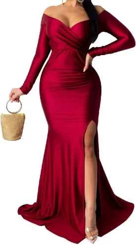 A ADILACA Women's Off Shoulder High Split Long Formal Party Maxi Dress, Off Shoulder High Split Dress