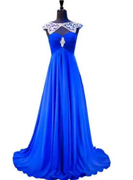 A-line Beaded Crystals Royal Blue Backless Chiffon Prom Dress