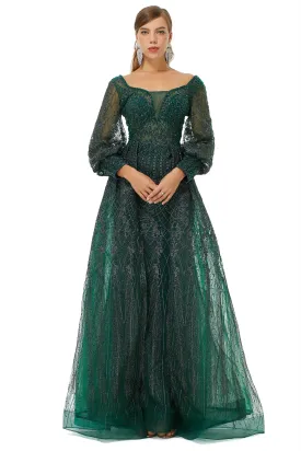 A-Line Square Neckline Sequined Floor-Length Long Sleeve Open Back Appliques Lace Prom Dresses