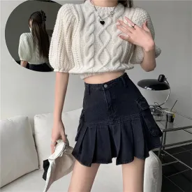 Advbridge  Pleated Denim Skirts For Women's Summer Black Pocket Y2k Fashion Casual Korean Style Jean Short Skirts High Waisted Washed Loose