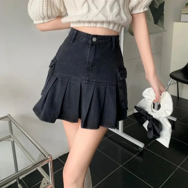 Advbridge  Pleated Denim Skirts For Women's Summer Black Pocket Y2k Fashion Casual Korean Style Jean Short Skirts High Waisted Washed Loose