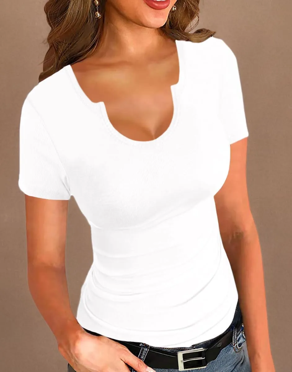 Afibi Womens Tops V Neck Summer Short Sleeve Casual Slim Fitted Tshirt Ribbed Basic Tee Tops