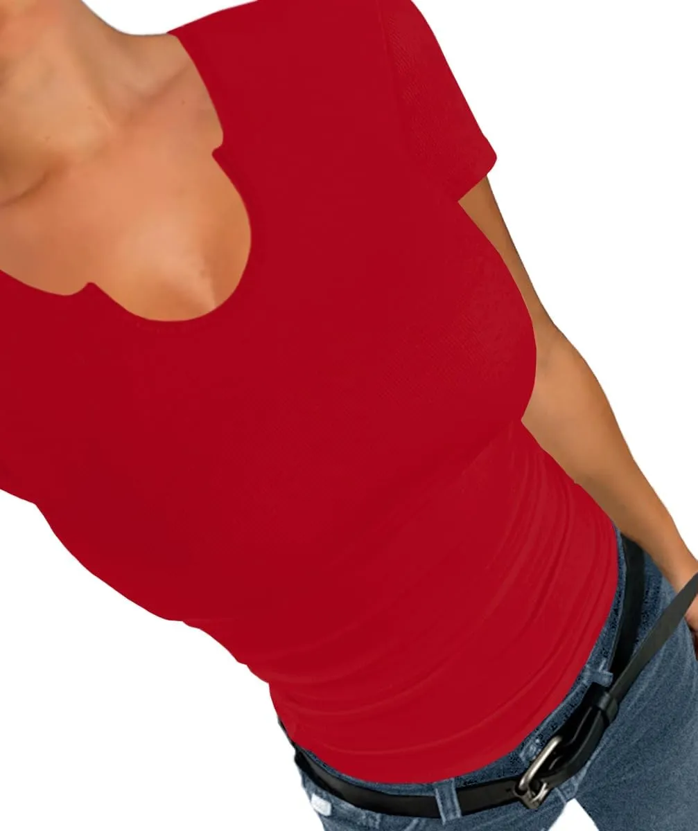 Afibi Womens Tops V Neck Summer Short Sleeve Casual Slim Fitted Tshirt Ribbed Basic Tee Tops