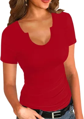 Afibi Womens Tops V Neck Summer Short Sleeve Casual Slim Fitted Tshirt Ribbed Basic Tee Tops