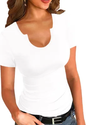 Afibi Womens Tops V Neck Summer Short Sleeve Casual Slim Fitted Tshirt Ribbed Basic Tee Tops