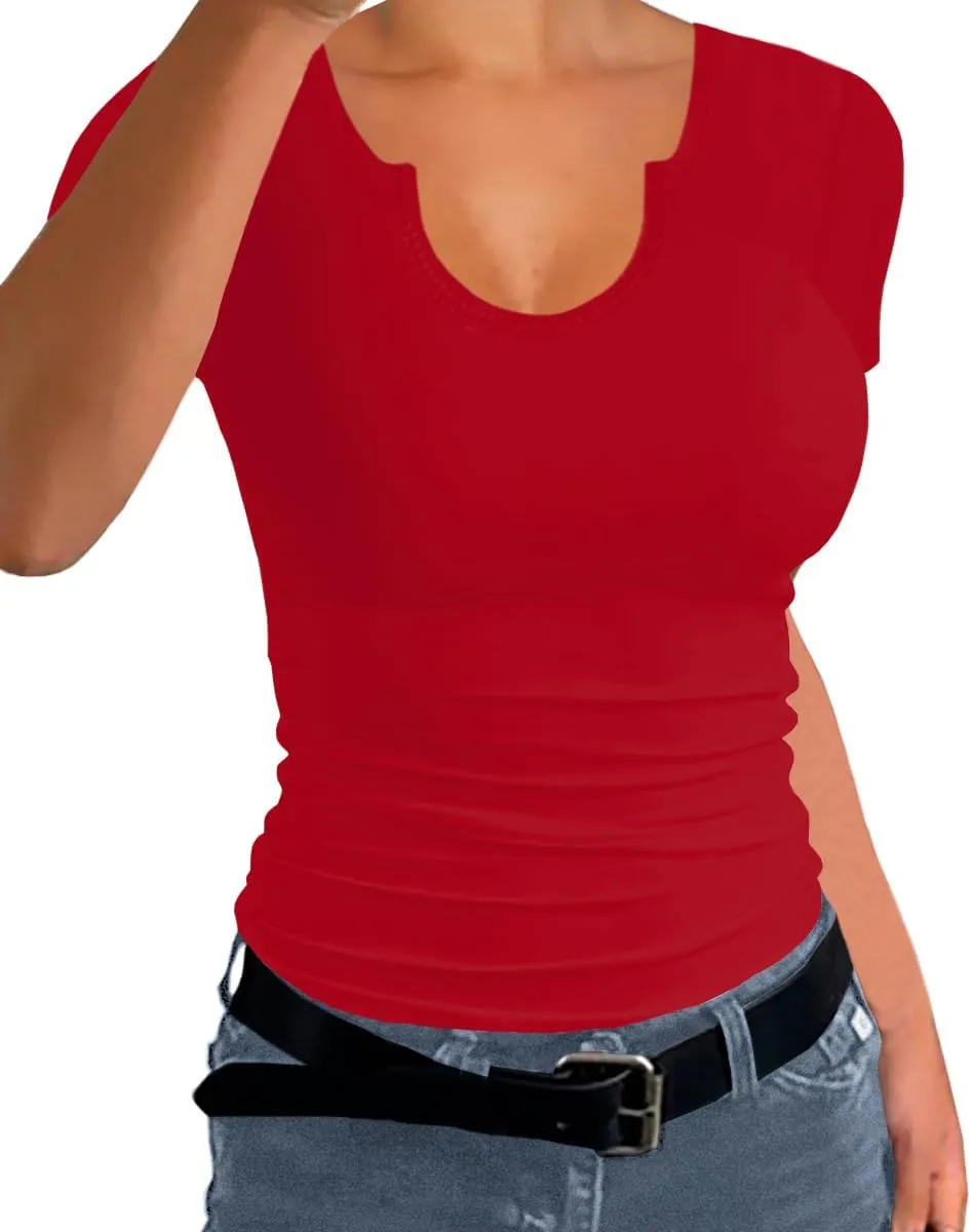 Afibi Womens Tops V Neck Summer Short Sleeve Casual Slim Fitted Tshirt Ribbed Basic Tee Tops