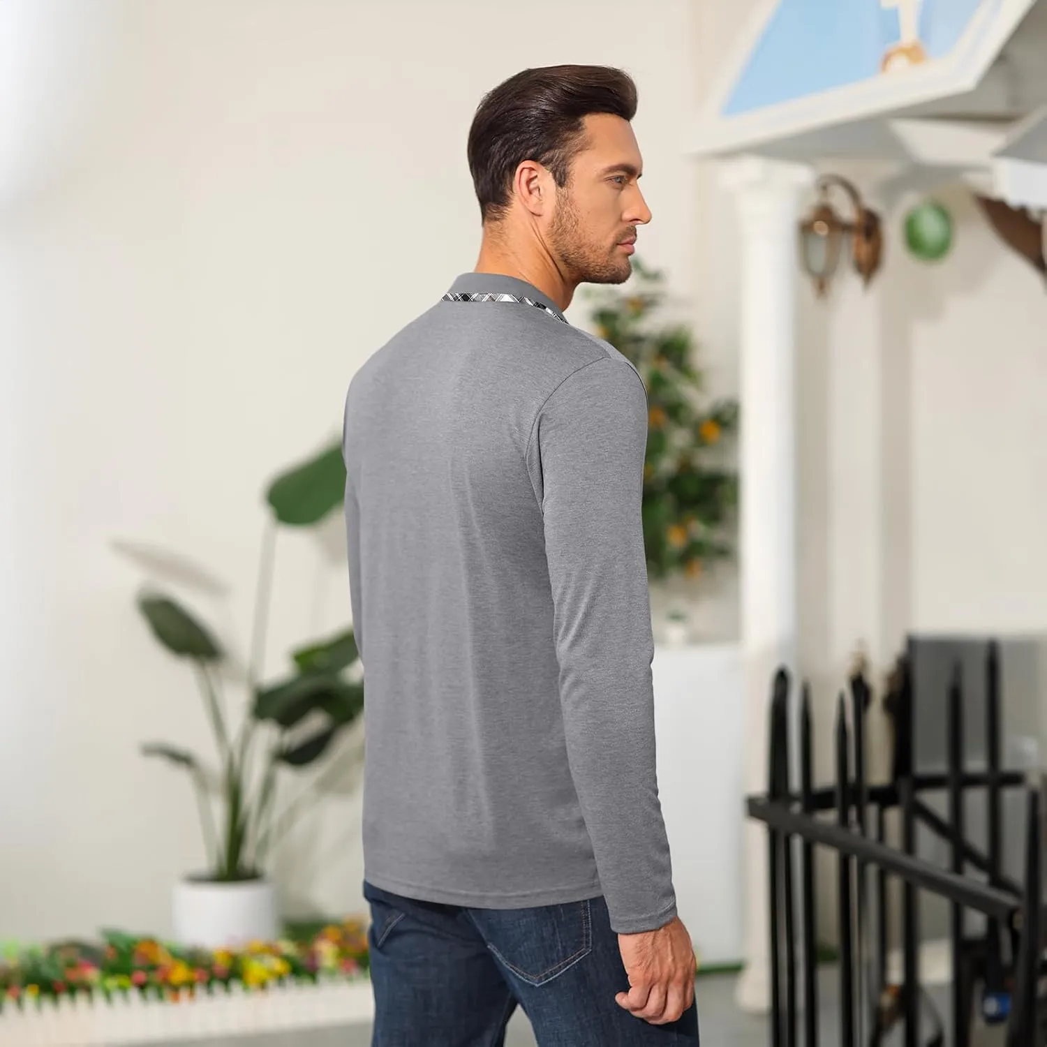 Aulemen Men's Long Sleeve Polo Shirts Casual Button Golf Tshirt Moisture Wicking Cotton Tee Collared Basic Shirts with Pocket
