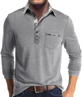 Aulemen Men's Long Sleeve Polo Shirts Casual Button Golf Tshirt Moisture Wicking Cotton Tee Collared Basic Shirts with Pocket