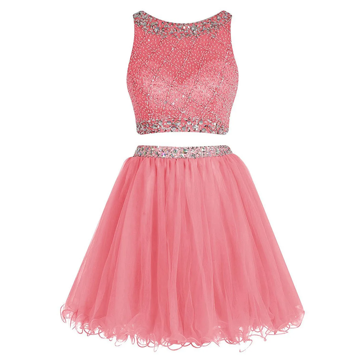 Bateau Neck Illusion Pink Short Crystal Beaded Two Piece Sequined Crop Top Tulle Mini Prom Dresses