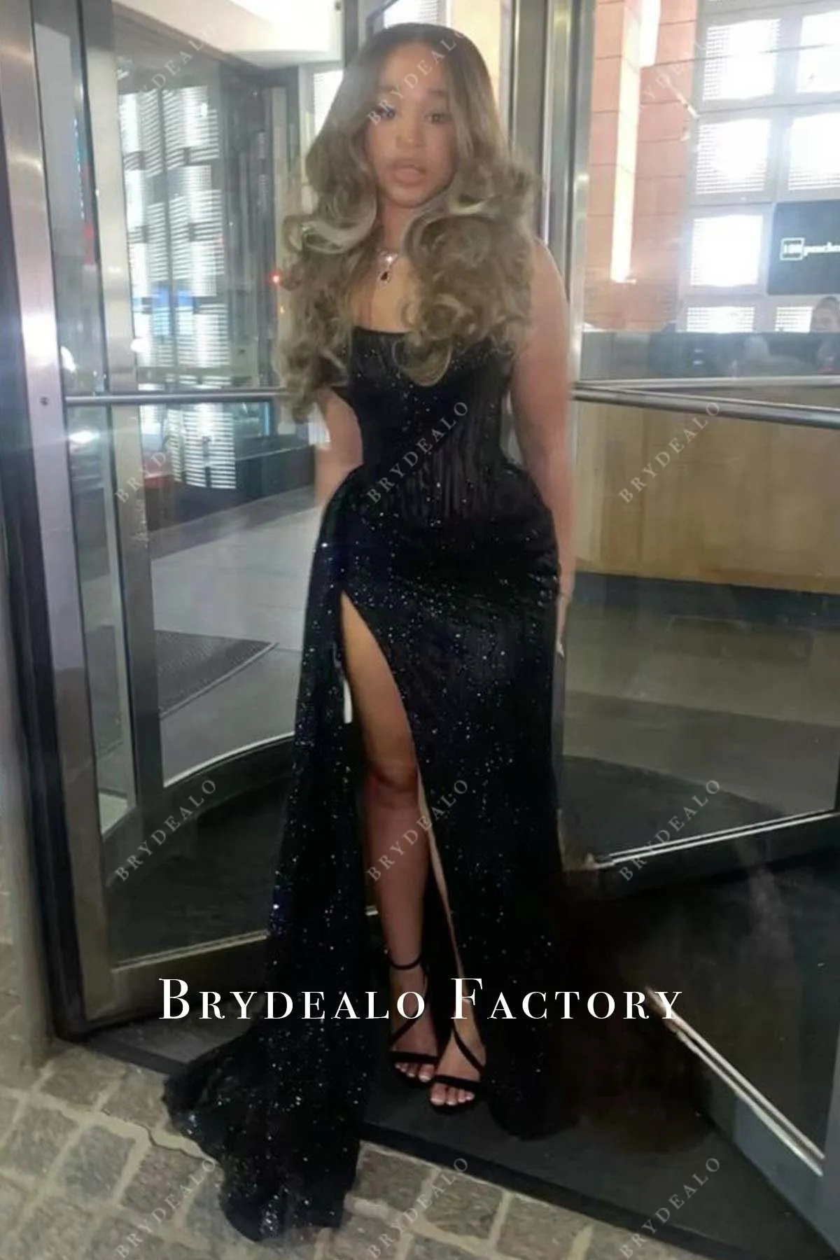 Black Shimmer Strapless Panel Train Slit Prom Dress