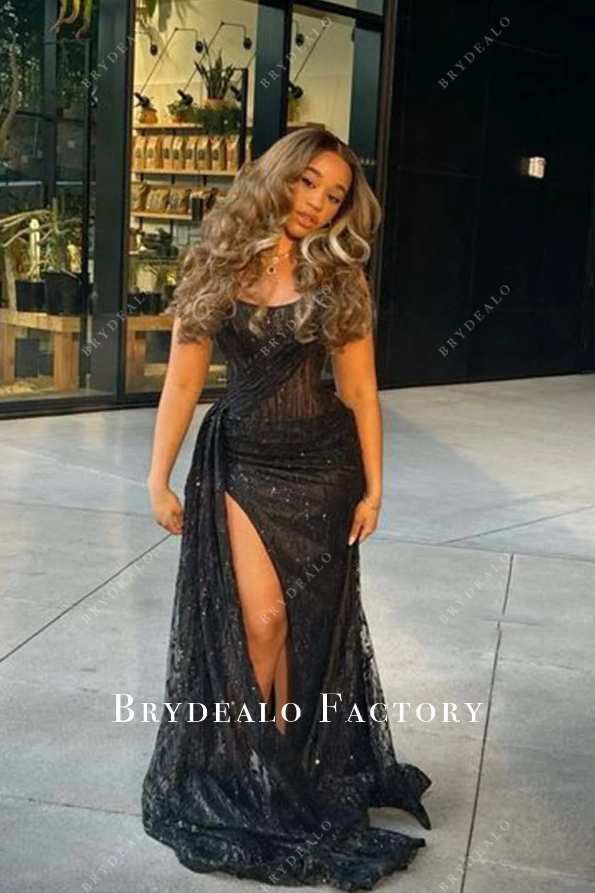 Black Shimmer Strapless Panel Train Slit Prom Dress