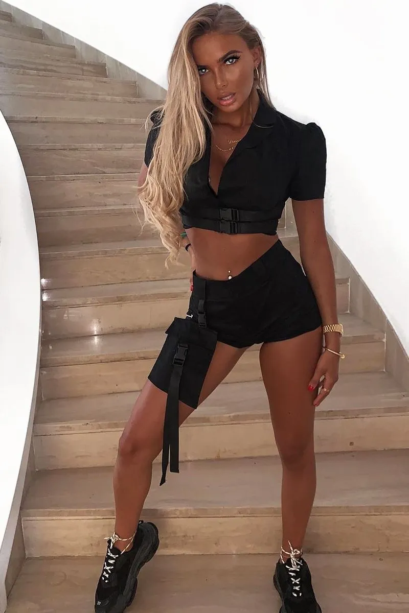 Black Utility Cargo Short and Buckle Crop Shirt Co-ord - Saisha