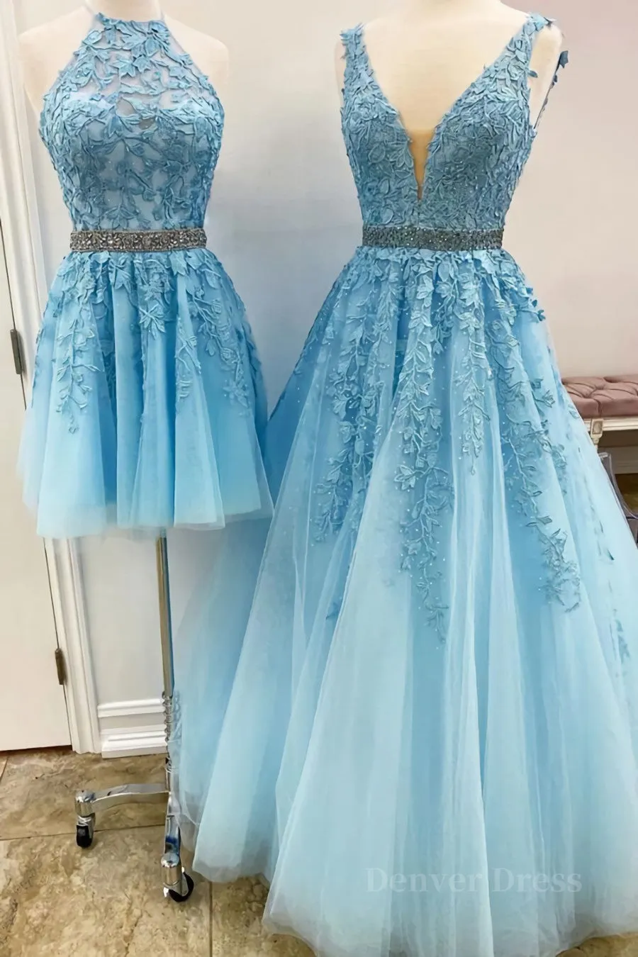 Blue Tulle Lace Prom Dresses Blue Tulle Lace Formal Evening Dresses