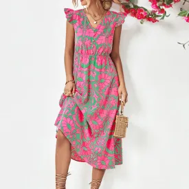 Boho Sleeveless Ruffle A-line Vintage Midi Dress for Summer Beach