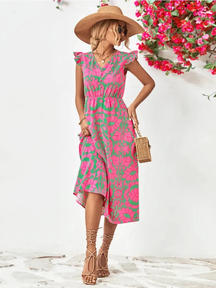 Boho Sleeveless Ruffle A-line Vintage Midi Dress for Summer Beach