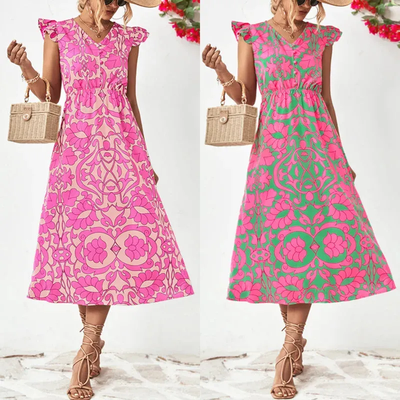Boho Sleeveless Ruffle A-line Vintage Midi Dress for Summer Beach