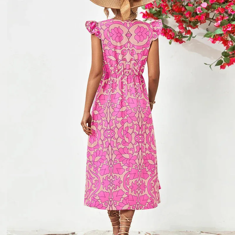 Boho Sleeveless Ruffle A-line Vintage Midi Dress for Summer Beach