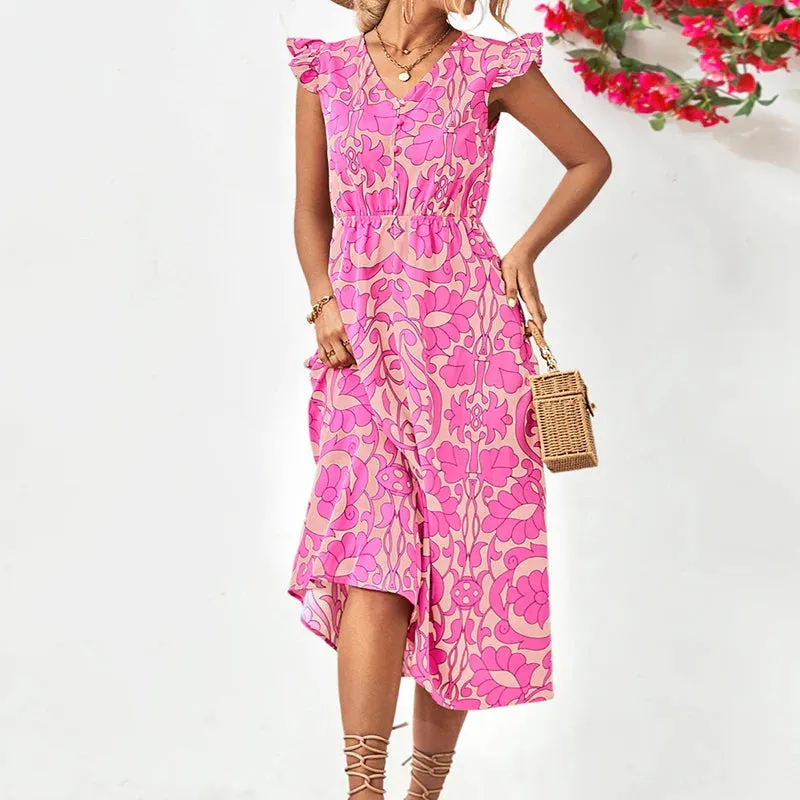 Boho Sleeveless Ruffle A-line Vintage Midi Dress for Summer Beach