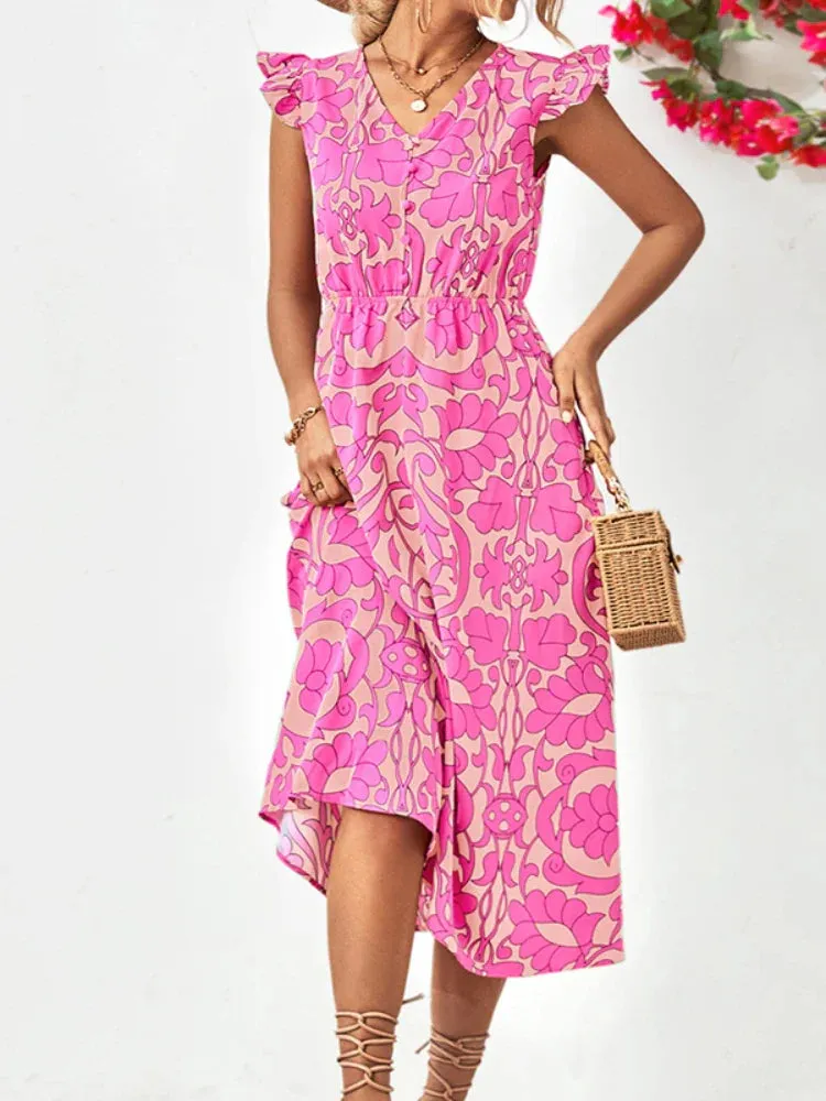 Boho Sleeveless Ruffle A-line Vintage Midi Dress for Summer Beach
