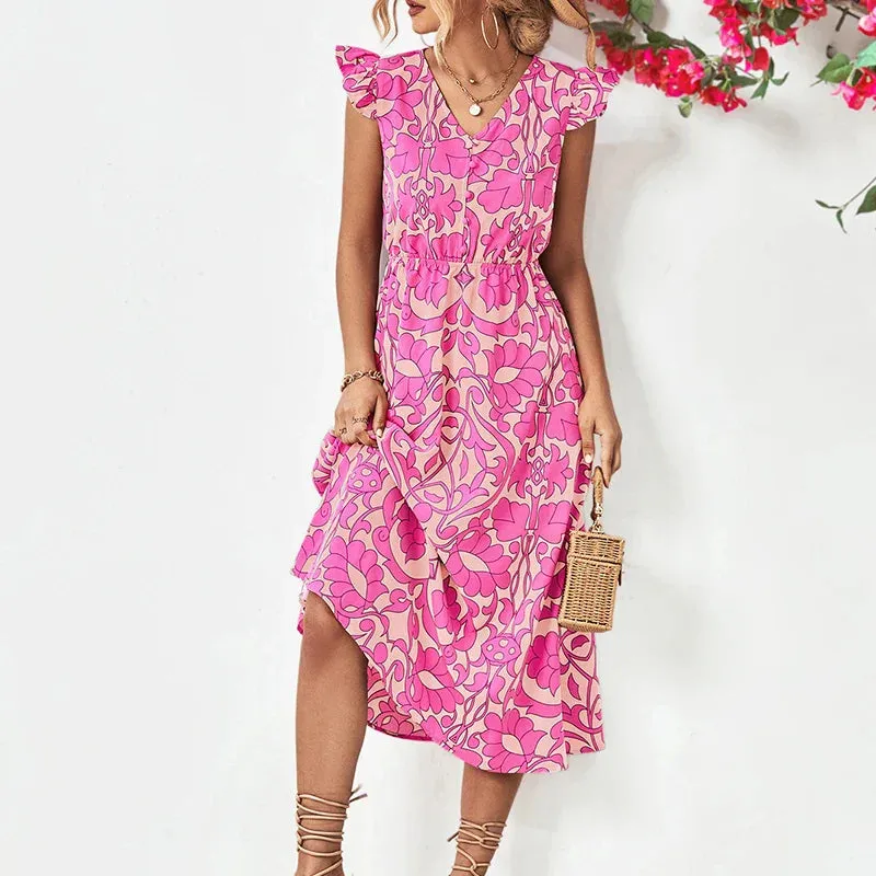 Boho Sleeveless Ruffle A-line Vintage Midi Dress for Summer Beach