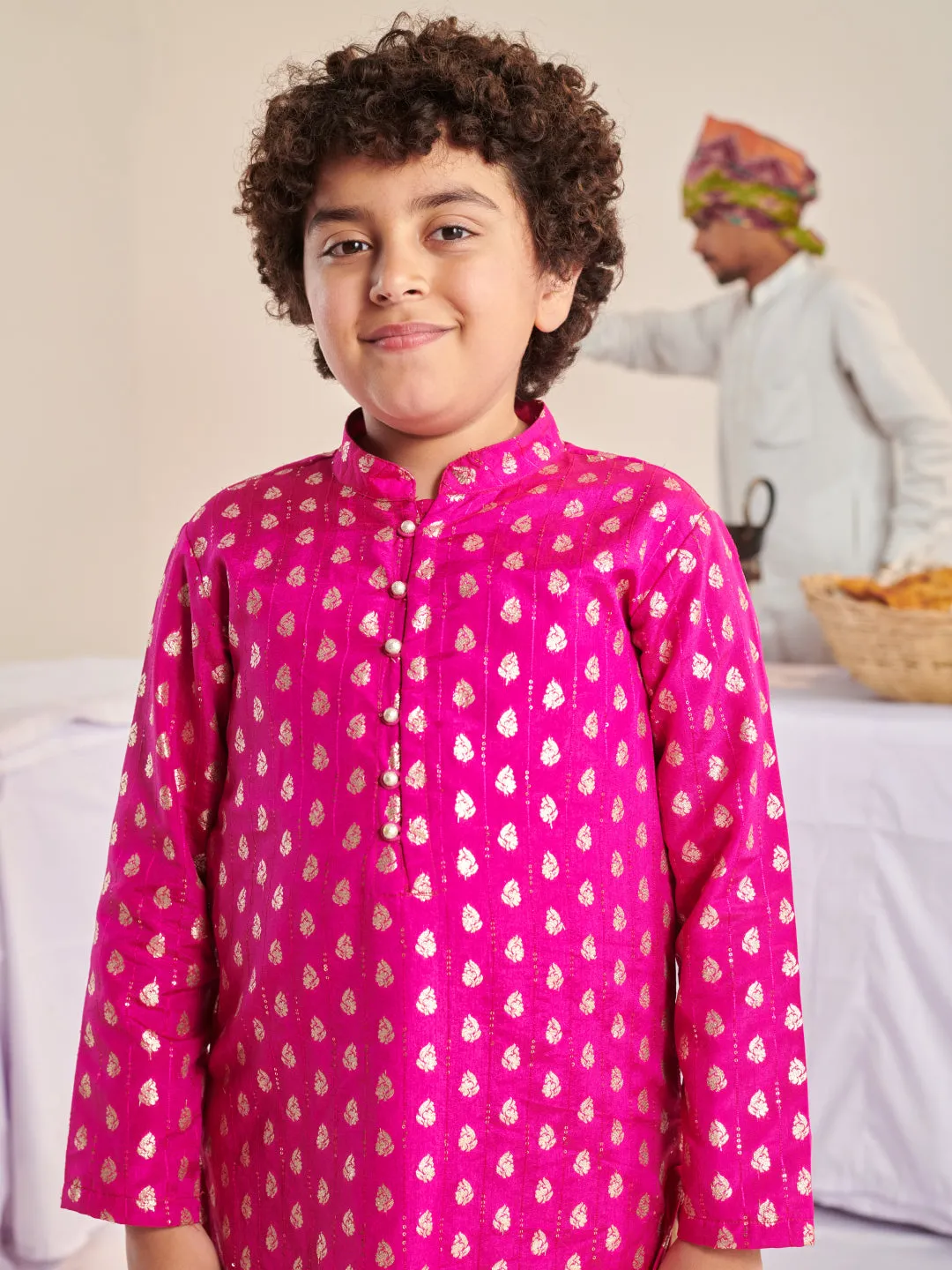 Boys Floral Printed Regular Sequinned Kurta With Pyjamas