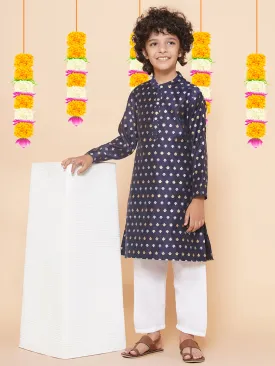 Boys Navy Blue Self Design Booti Kurta with Pyjamas