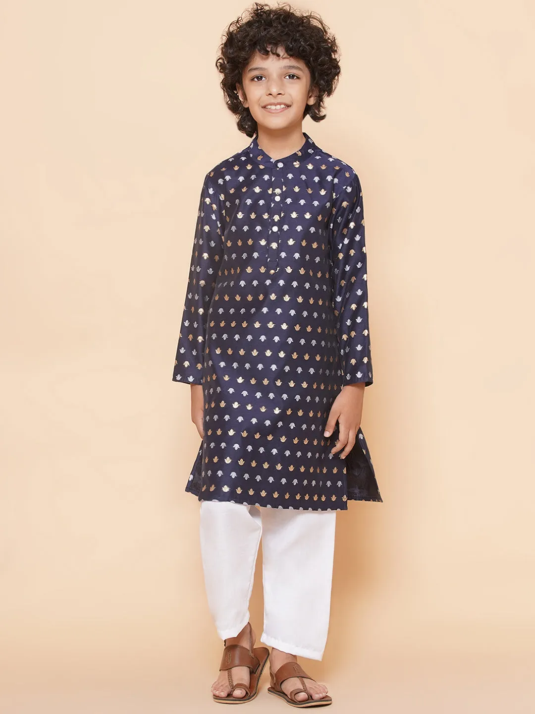 Boys Navy Blue Self Design Booti Kurta with Pyjamas