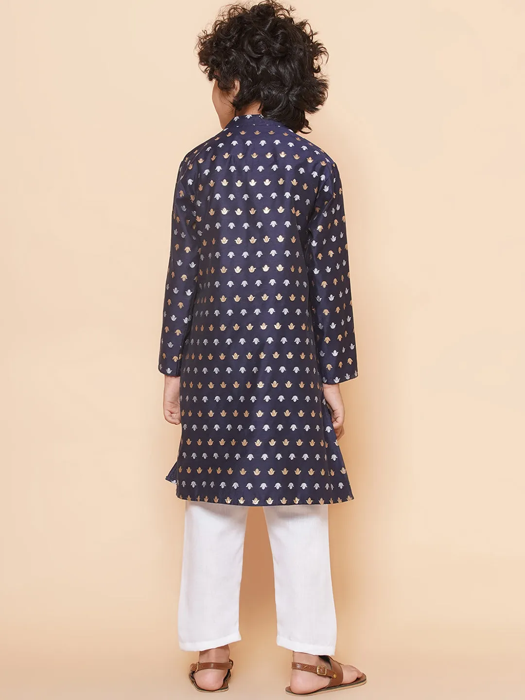 Boys Navy Blue Self Design Booti Kurta with Pyjamas