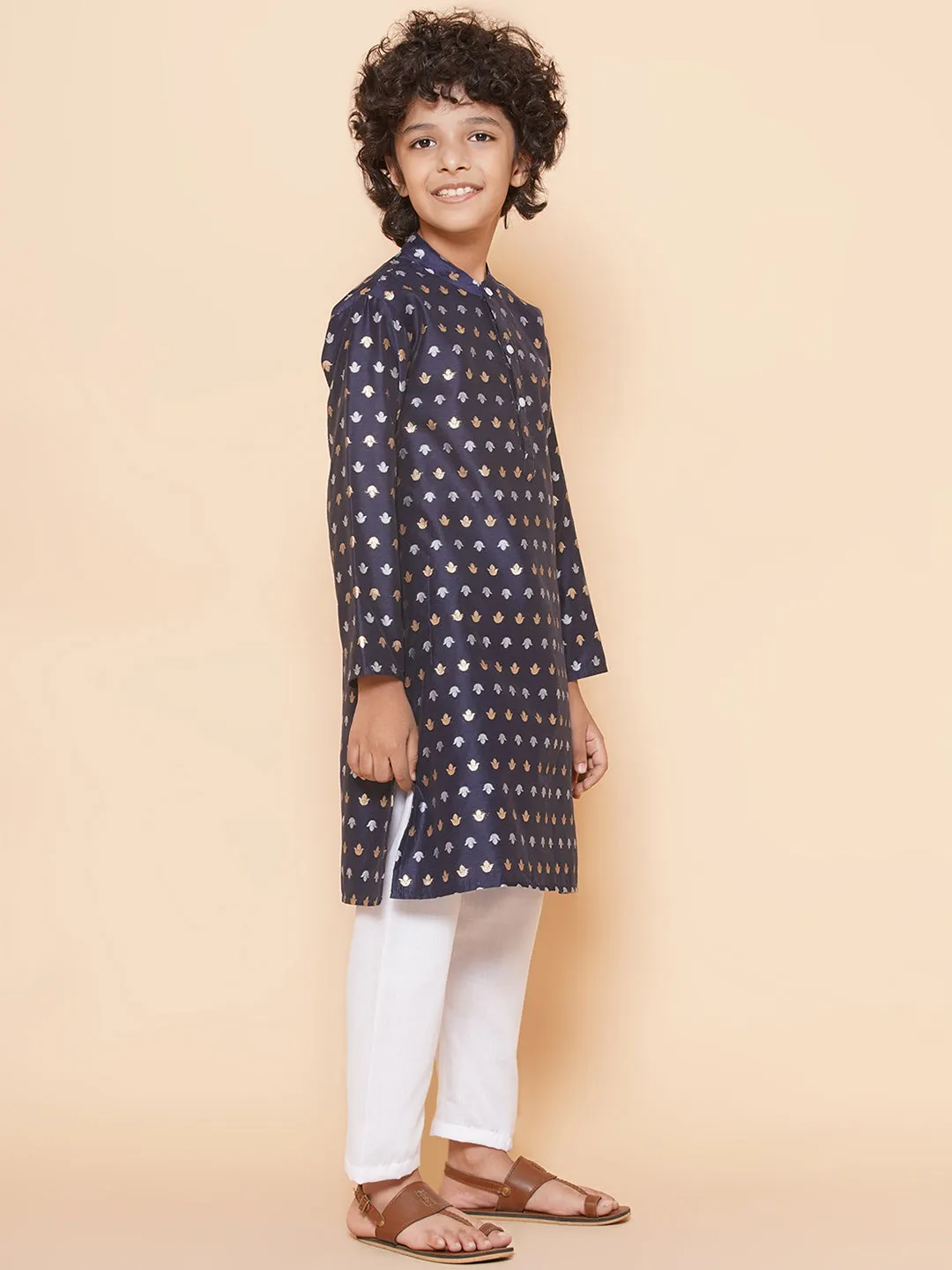 Boys Navy Blue Self Design Booti Kurta with Pyjamas