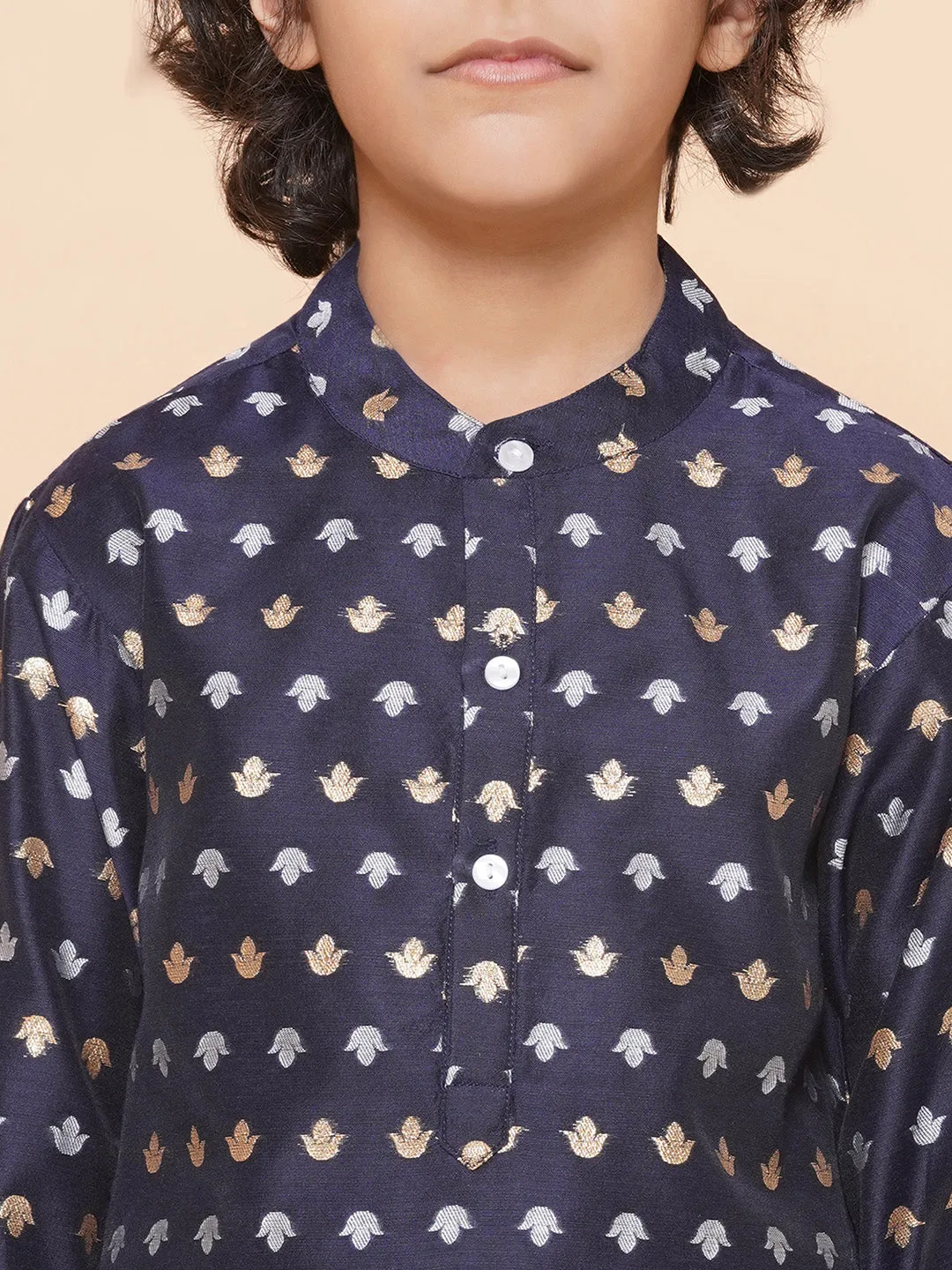 Boys Navy Blue Self Design Booti Kurta with Pyjamas