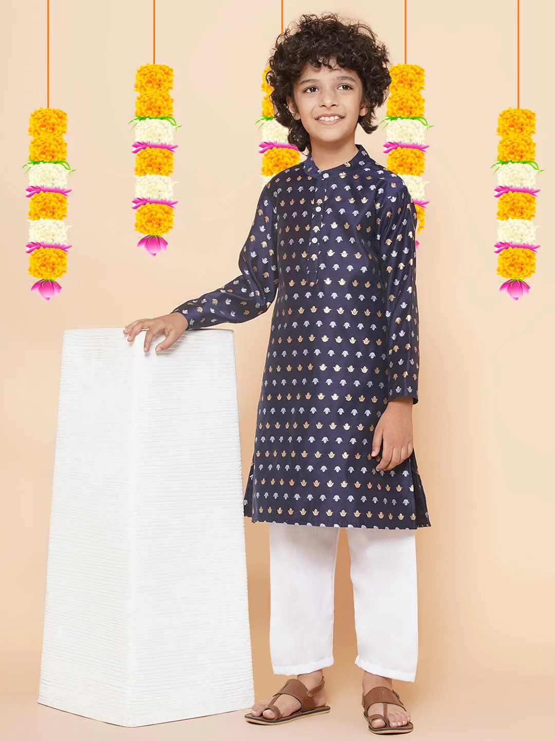 Boys Navy Blue Self Design Booti Kurta with Pyjamas