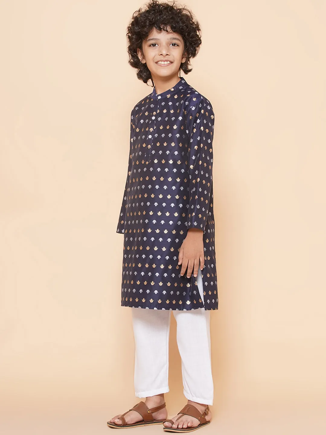 Boys Navy Blue Self Design Booti Kurta with Pyjamas