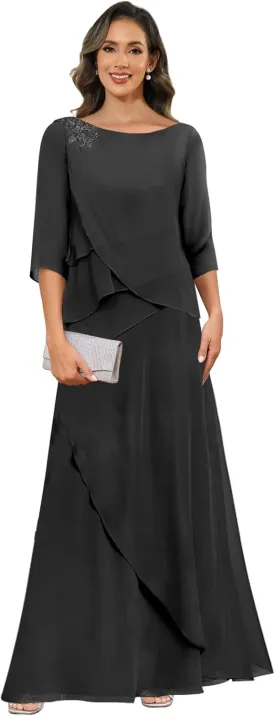 Chiffon Mother of The Bride Dresses for Women with Sleeves Lace Long Evening Gowns