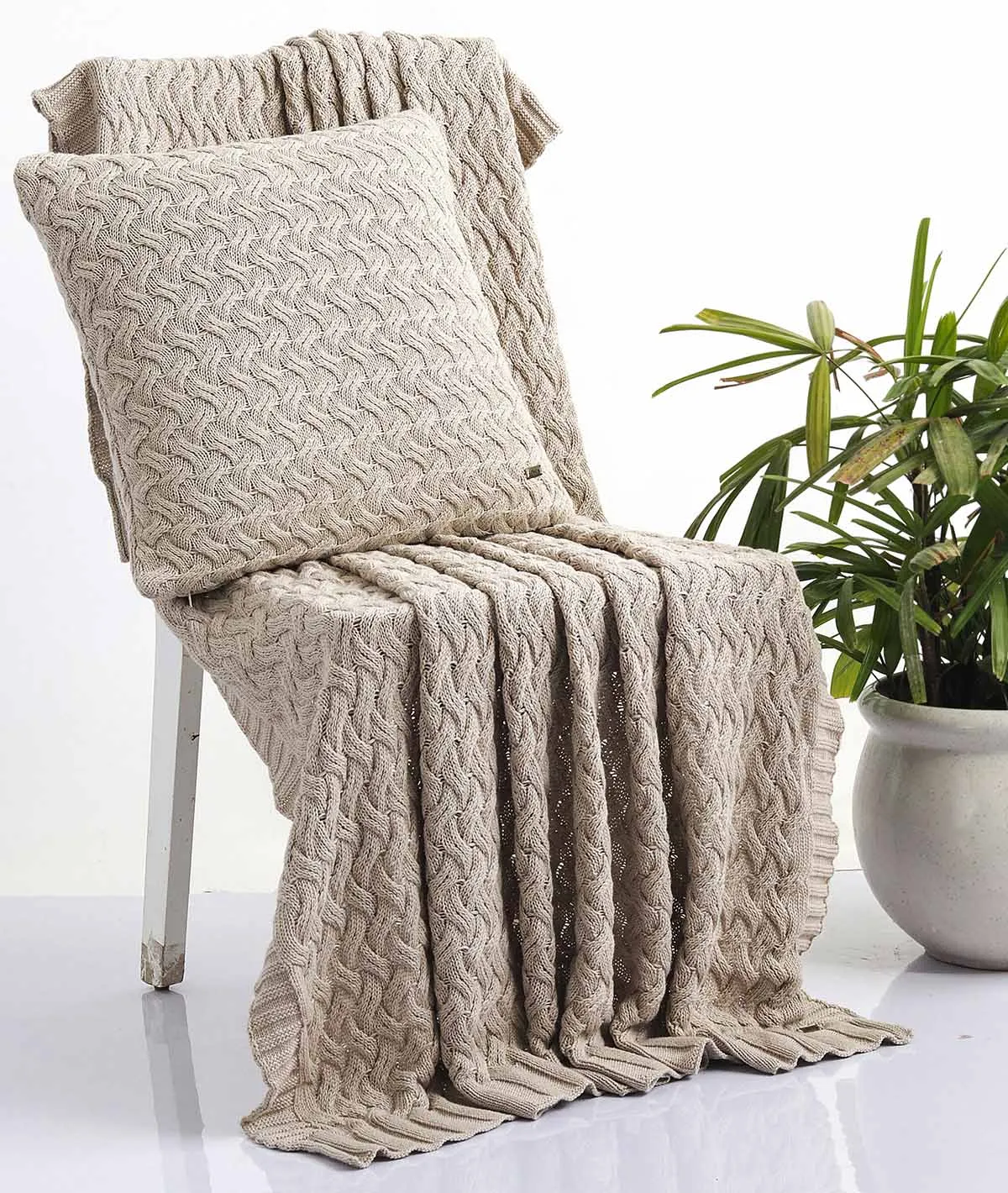 CRISS CROSS  - Light Beige 100% Cotton Knitted All Season AC Throw Blanket