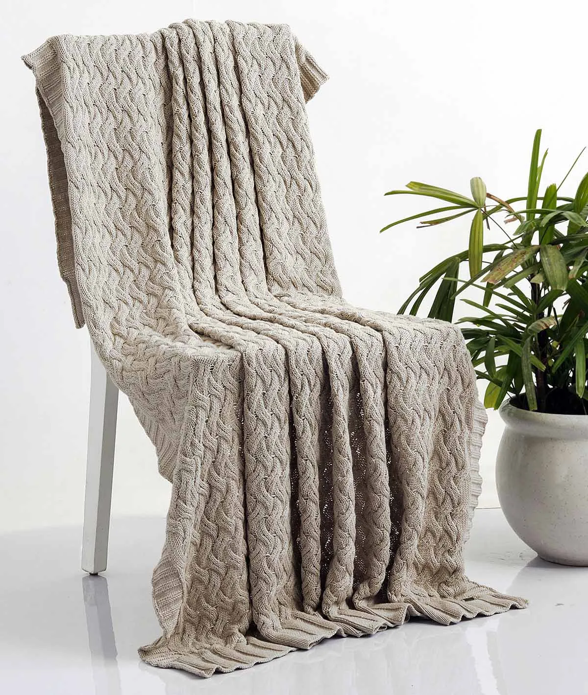 CRISS CROSS  - Light Beige 100% Cotton Knitted All Season AC Throw Blanket
