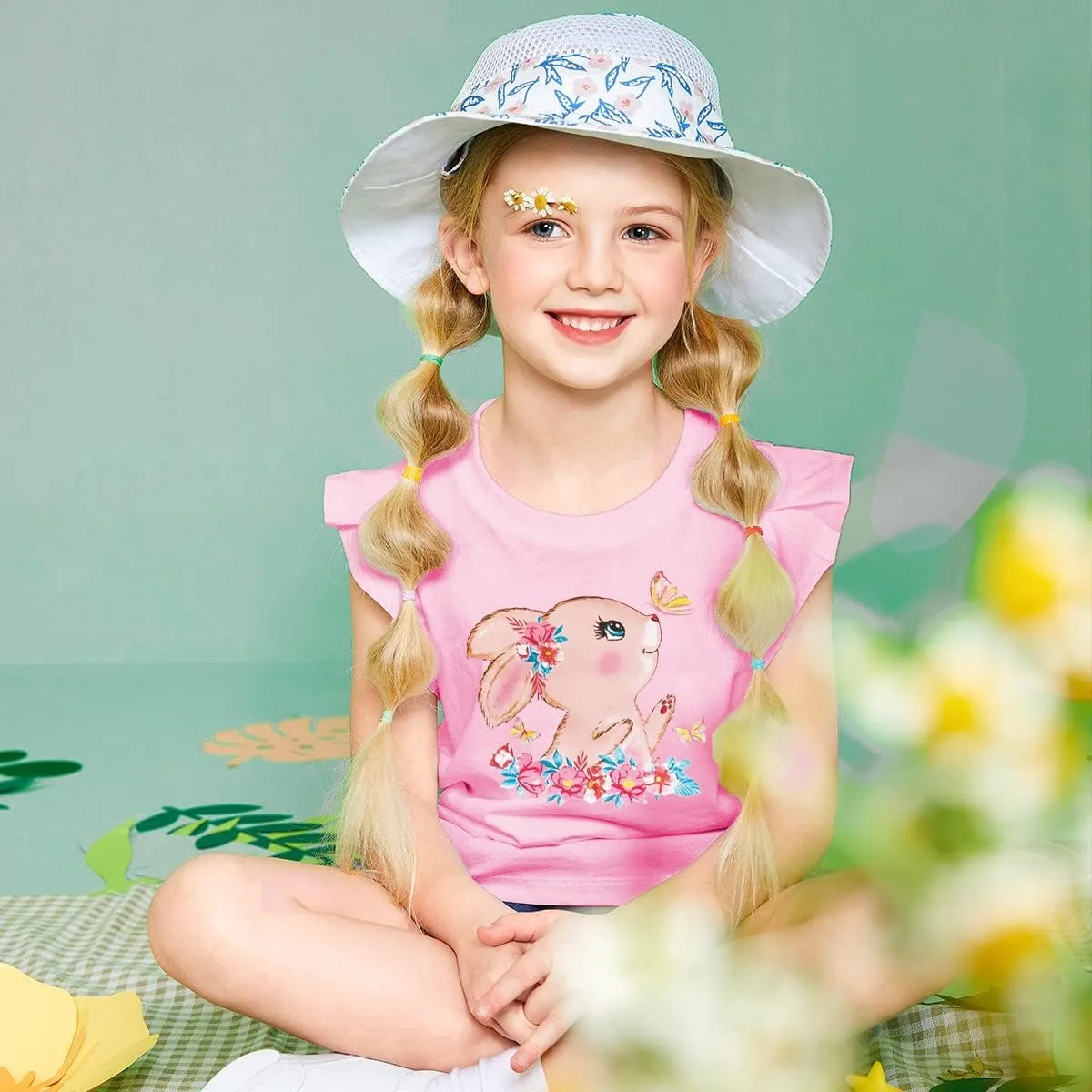 DDSOL T-Shirts Baby Girls Summer Ruffle Sleeve Shirts Toddler Cotton Tees Kids Easter Bunny Tank Tops 2-7 Years
