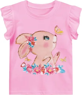 DDSOL T-Shirts Baby Girls Summer Ruffle Sleeve Shirts Toddler Cotton Tees Kids Easter Bunny Tank Tops 2-7 Years