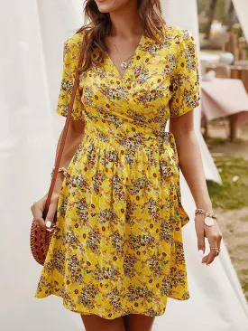 deanwangkt Cross Wrap Floral Print Bandage Short Sleeve Dress