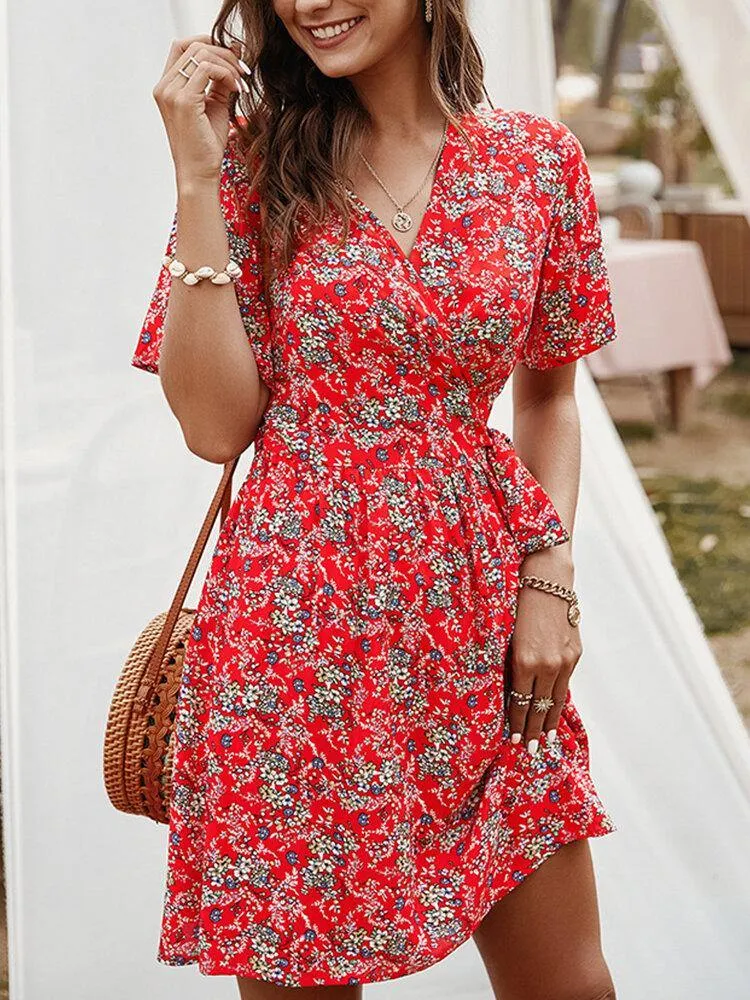 deanwangkt Cross Wrap Floral Print Bandage Short Sleeve Dress