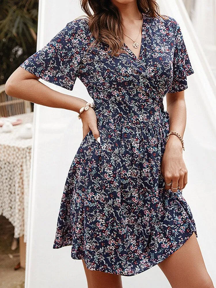 deanwangkt Cross Wrap Floral Print Bandage Short Sleeve Dress
