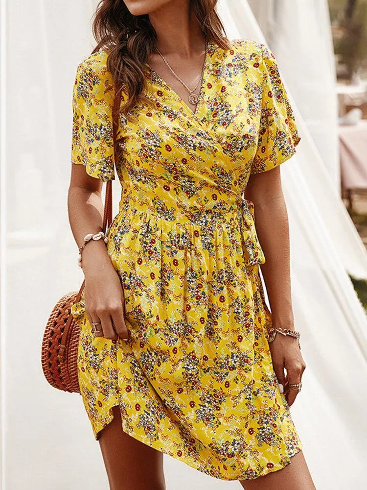 deanwangkt Cross Wrap Floral Print Bandage Short Sleeve Dress