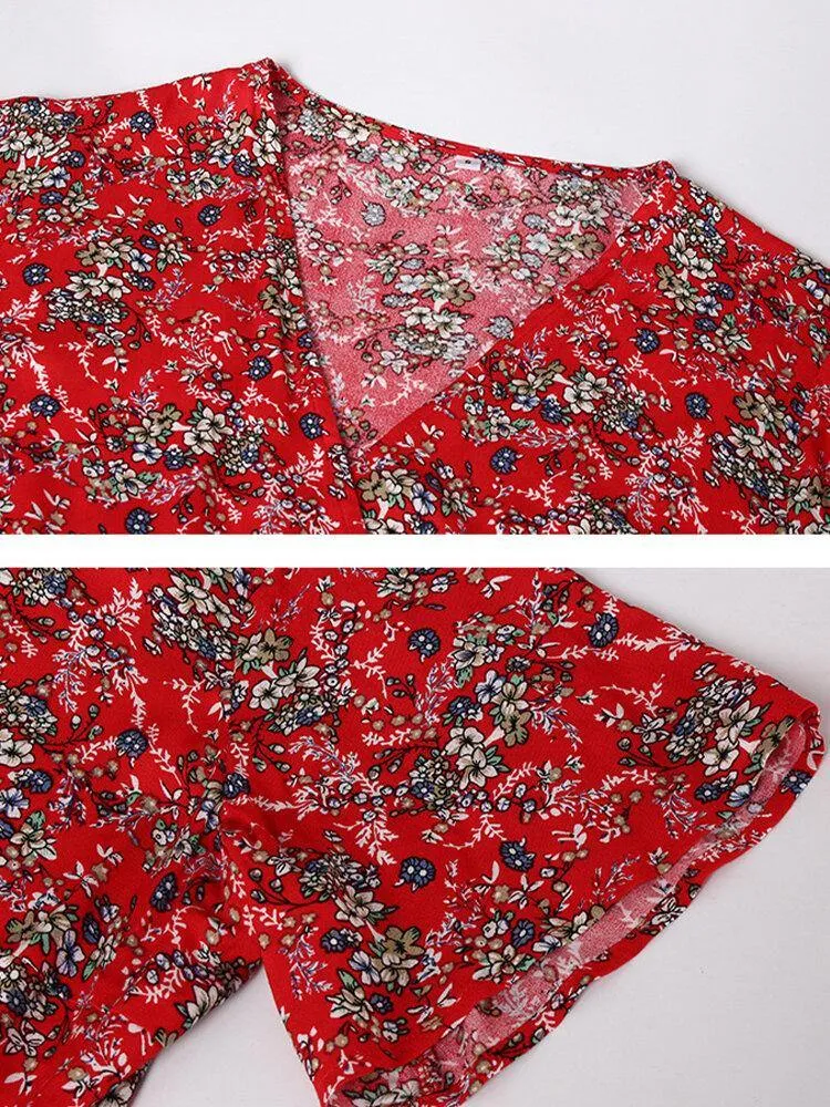 deanwangkt Cross Wrap Floral Print Bandage Short Sleeve Dress