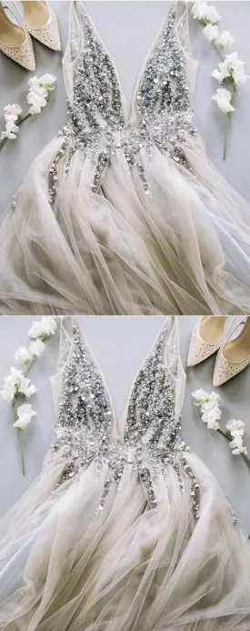Deep V Neck Long Tulle Split Prom Evening Dresses With Sequins And Beads