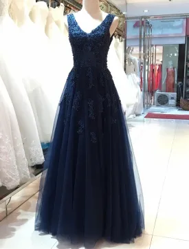 Elegant Navy Blue Tulle Backless Floor Length Prom Dresses Party Gowns Evening Dresses Navy Blue Formal Dresses