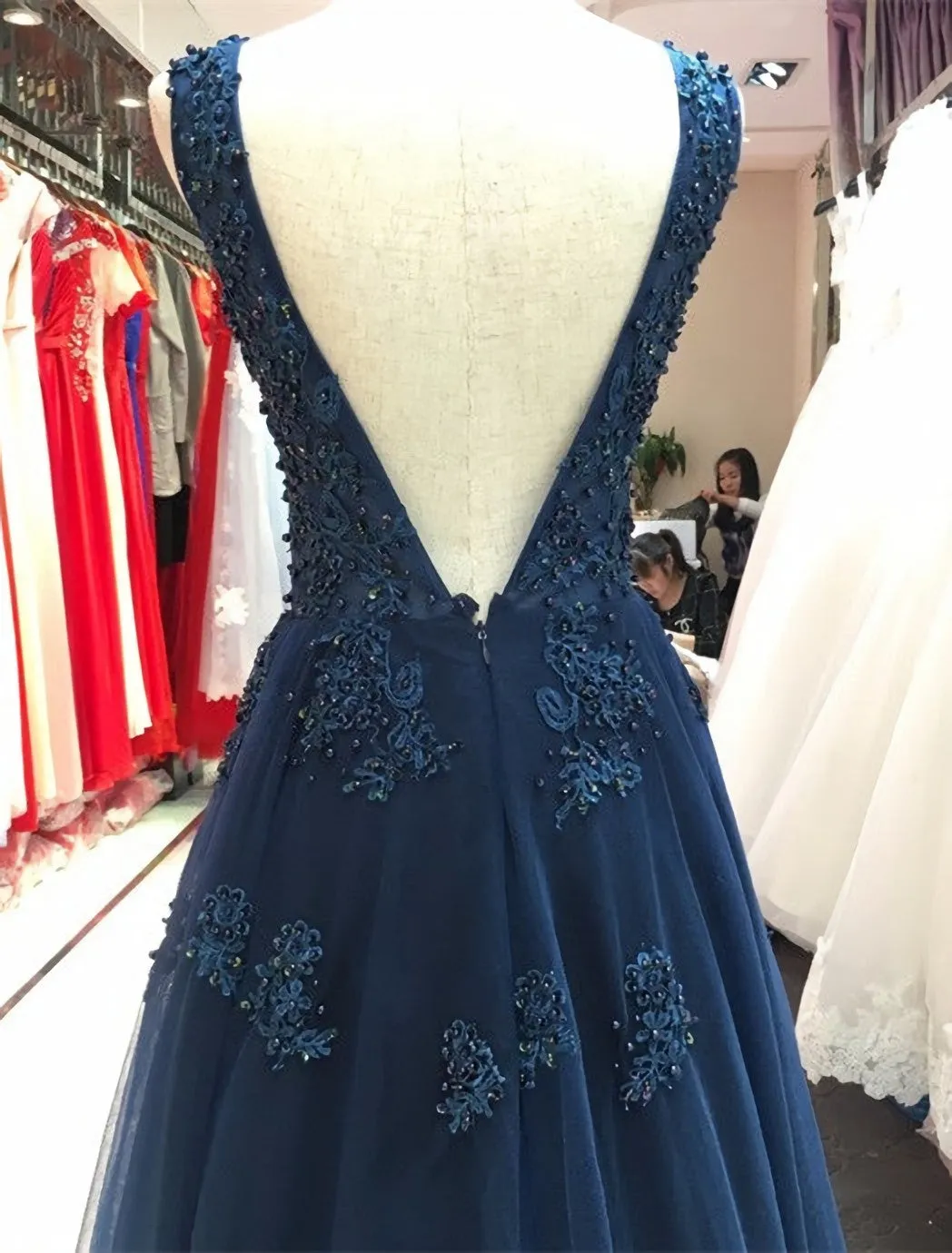 Elegant Navy Blue Tulle Backless Floor Length Prom Dresses Party Gowns Evening Dresses Navy Blue Formal Dresses