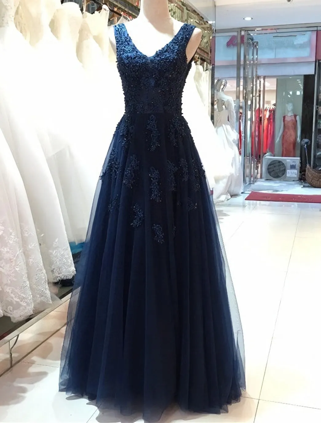 Elegant Navy Blue Tulle Backless Floor Length Prom Dresses Party Gowns Evening Dresses Navy Blue Formal Dresses