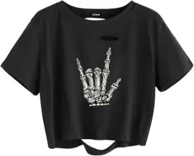Graphic Oversized Crop Tops for Women Loose Cropped Distressed Tshirt Short-Sleeve Vintage Boxy Tee Shirts