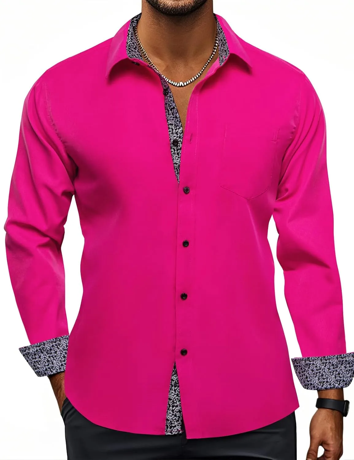 Hi-Tie Mens Dress Shirts Wrinkle Free Inner Contrast Jacquard Long Sleeve Casual Button Down Shirt Business Party Wedding