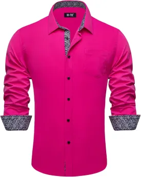 Hi-Tie Mens Dress Shirts Wrinkle Free Inner Contrast Jacquard Long Sleeve Casual Button Down Shirt Business Party Wedding