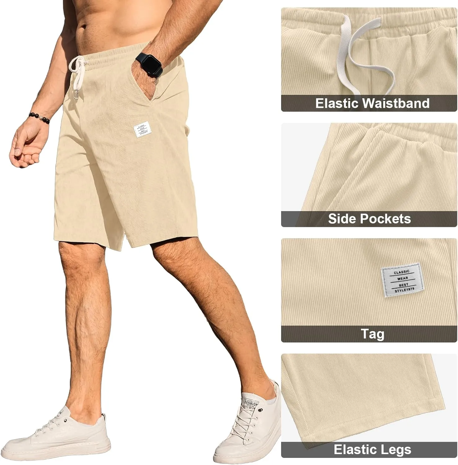 HOTake Mens Corduroy Shorts Casual Elastic Waist Drawstring Summer Beach Loose Fit Shorts